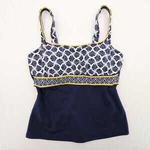 Lands End Tankini Swim Top Navy Yellow White Pattern Underwire Support Size 6P